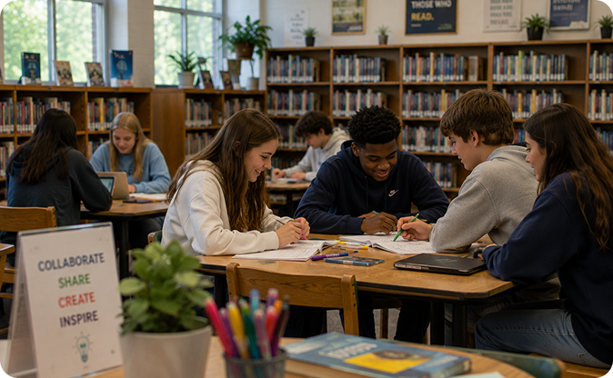 students in library